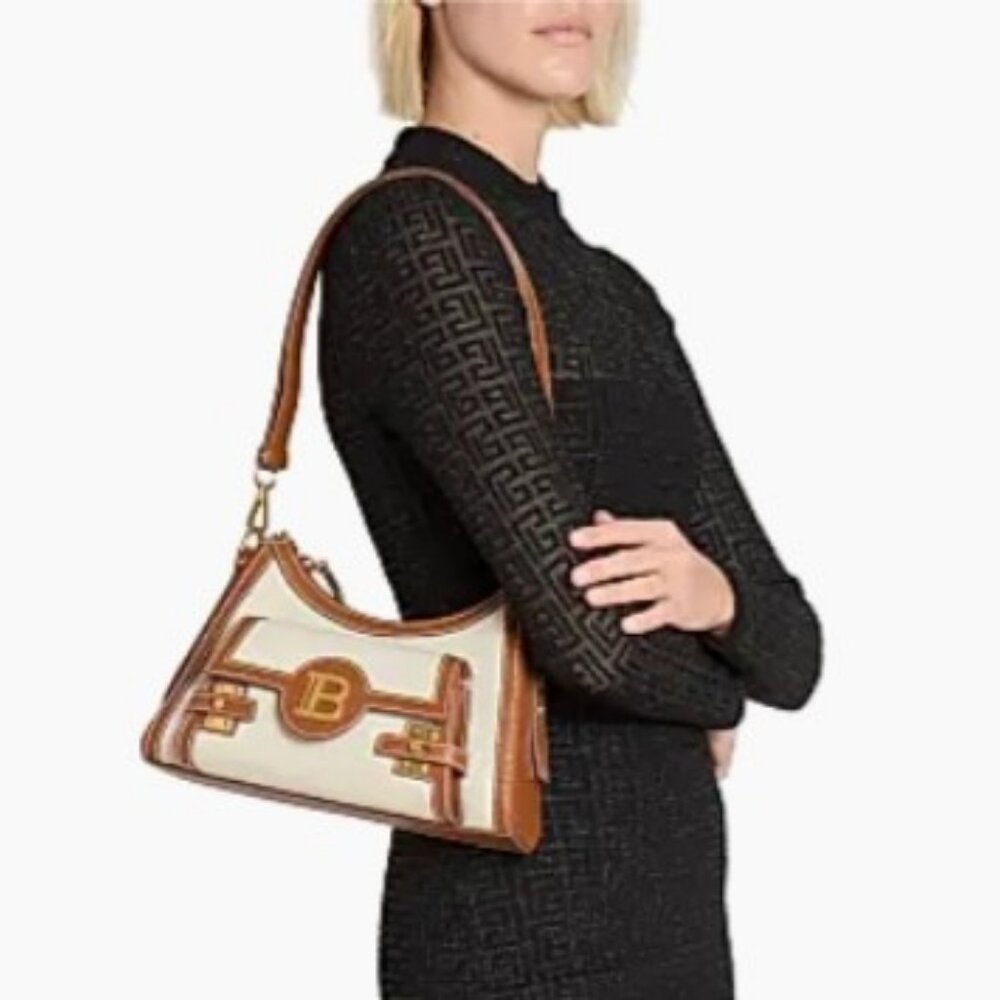 Balmain B-Buzz Canvas & Leather Shoulder Bag Natural / Camel - Picture 2 of 14